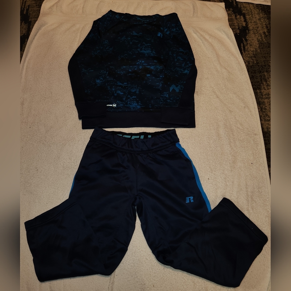 Boys Russell Blue & Navy Hooded Sweatshirt with Matching Sweatpants. Size XS